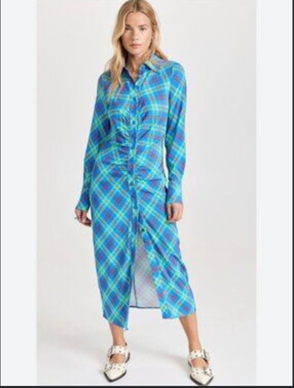 KITRI lennox Check Ruched Long Dress Women Blue Long Sleeves SZUK 16/ US 12